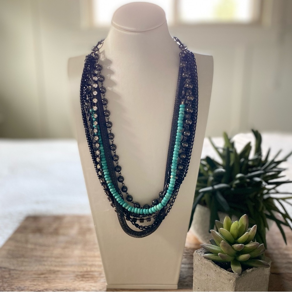 Elegant Multi-Strand Necklace with Turquoise, Crystal & Silver Accents